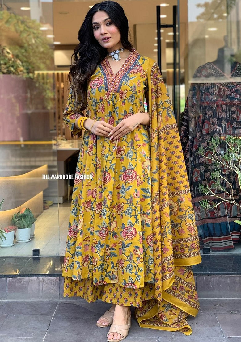 Mustard Yellow Floral Printed Anarkali Suit with Dupatta
