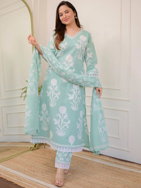 Mint Green Floral Print Cotton Kurta Set with V-Neck Embroidery & Lace