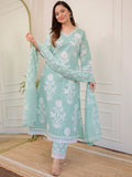 Mint Green Floral Print Cotton Kurta Set with V-Neck Embroidery & Lace