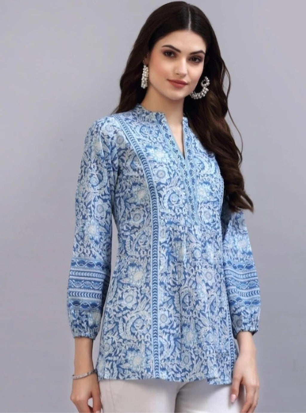 Women’s Blue Floral Printed Flared Kurti Top
