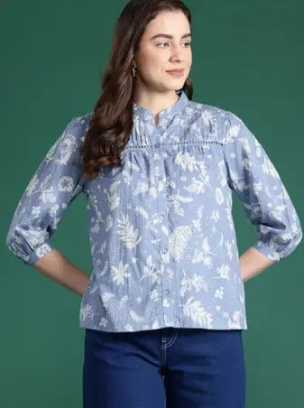 Women’s Blue Floral Printed Casual Top