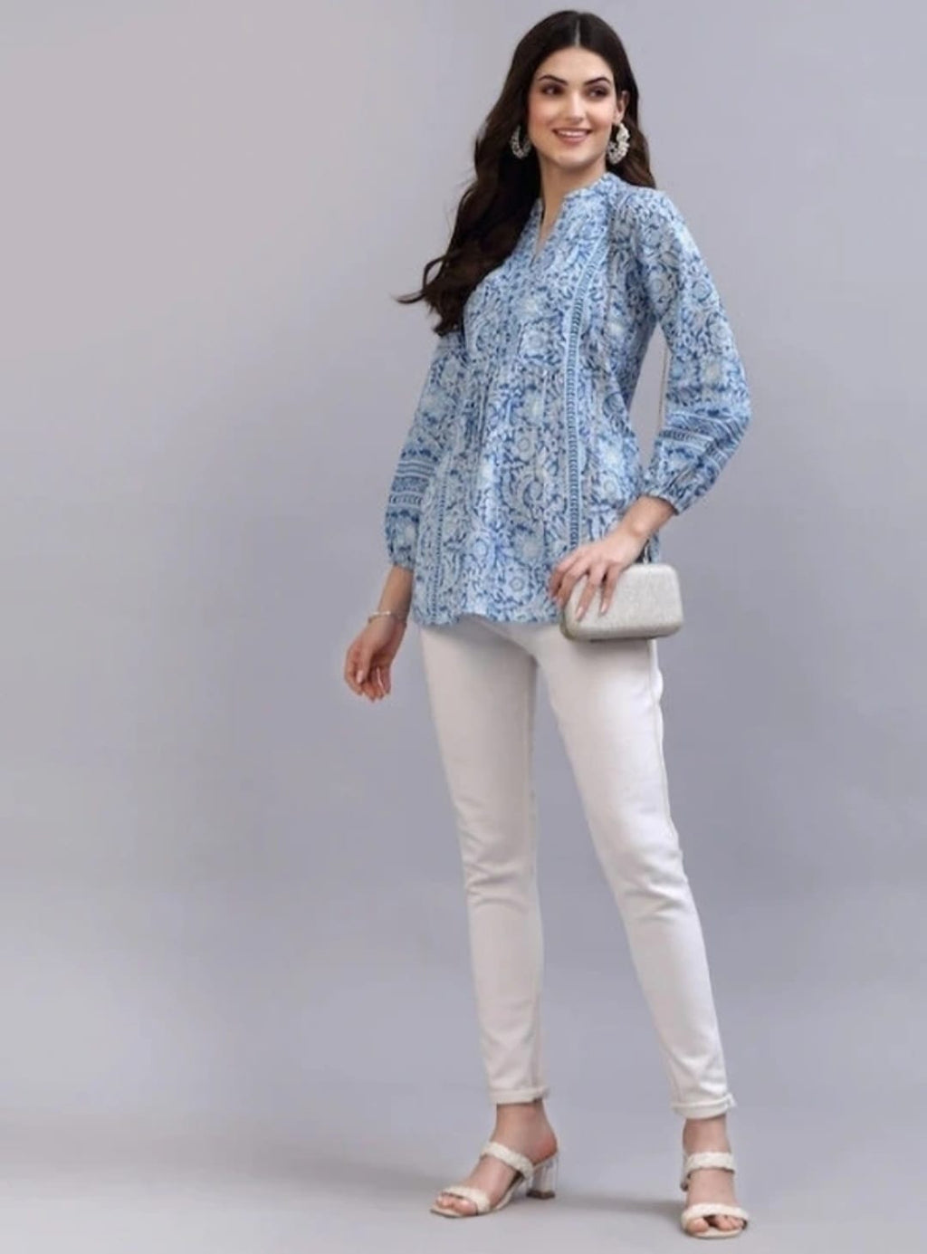 Women’s Blue Floral Printed Flared Kurti Top