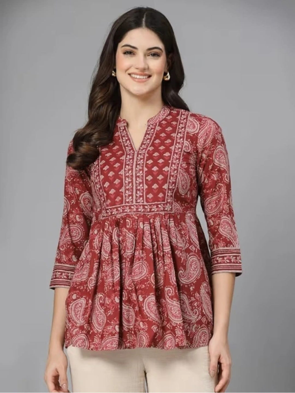Women’s Maroon Printed Flared Kurti Top