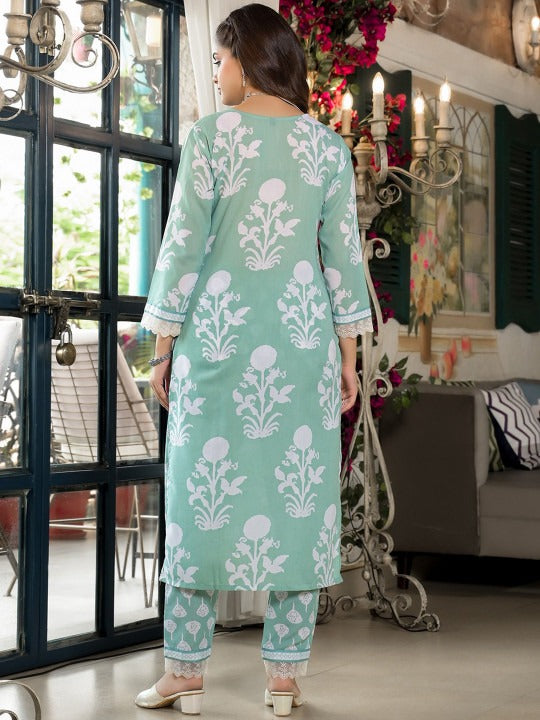 Mint Green Floral Print Cotton Kurta Set with V-Neck Embroidery & Lace