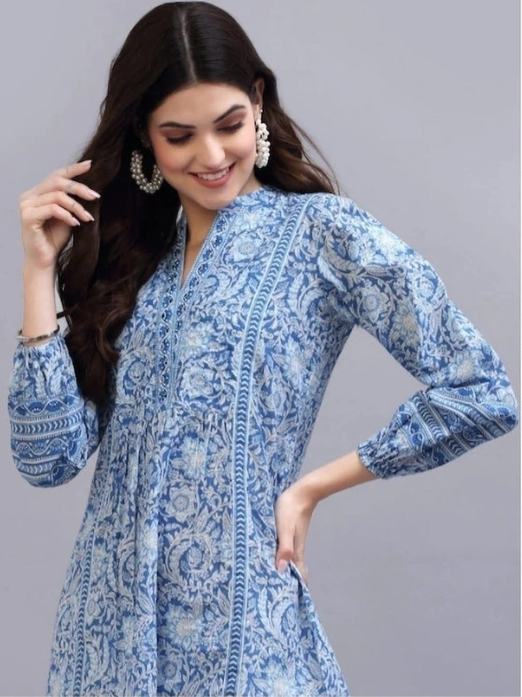 Women’s Blue Floral Printed Flared Kurti Top