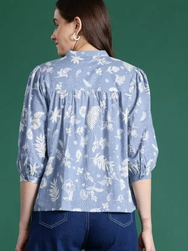 Women’s Blue Floral Printed Casual Top