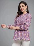 Women's Purple Floral Print Cotton Kurti with Pleated Yoke & V-Neck Detail