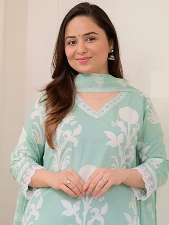 Mint Green Floral Print Cotton Kurta Set with V-Neck Embroidery & Lace