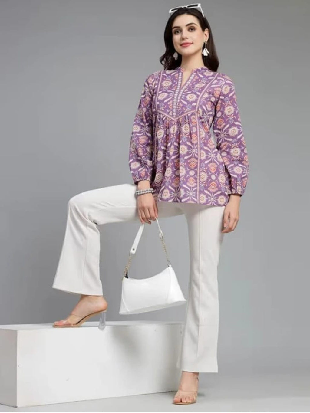 Women's Purple Floral Print Cotton Kurti with Pleated Yoke & V-Neck Detail