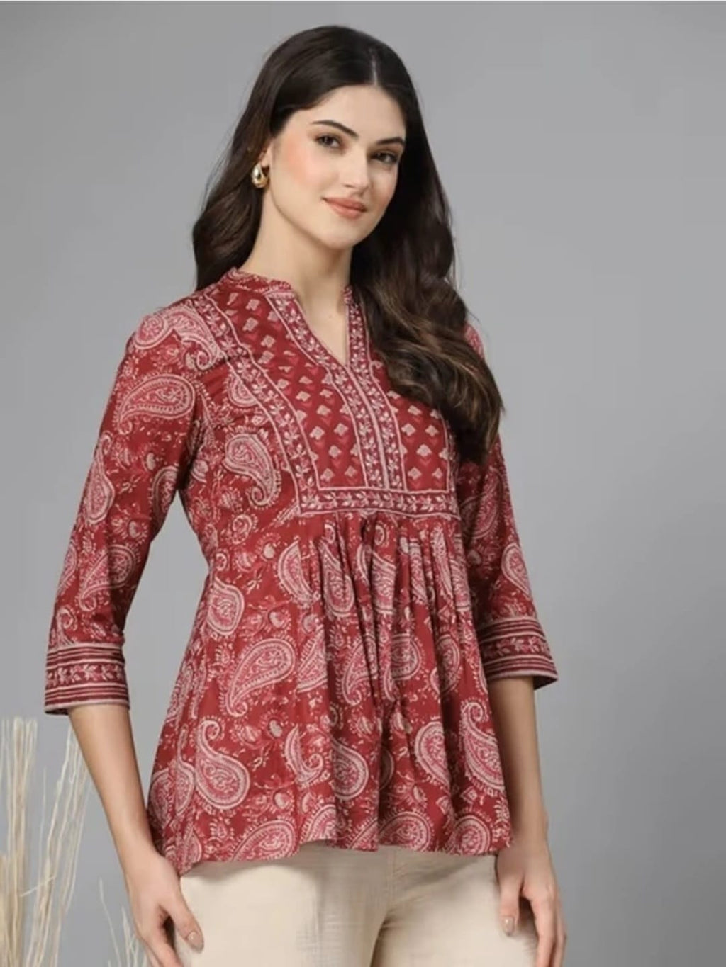 Women’s Maroon Printed Flared Kurti Top