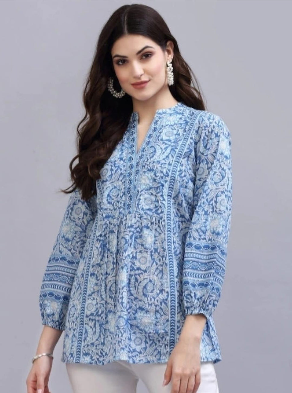 Women’s Blue Floral Printed Flared Kurti Top