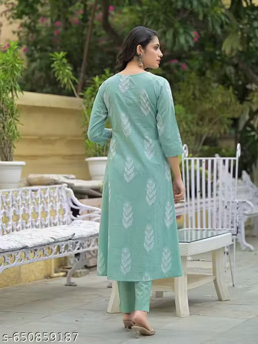 Premium Cotton Ethnic 3-Piece Suit with White Thread Work and Floral Block Print Dupatta