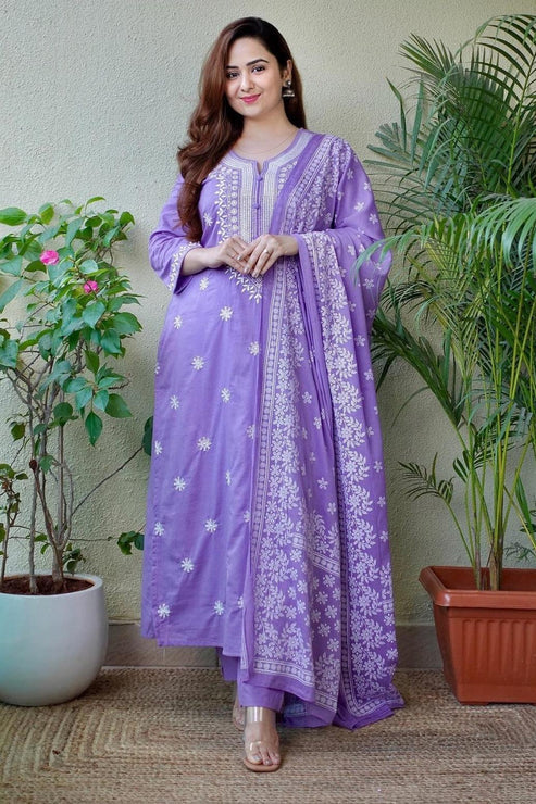 Lavender Handblock Print Cotton Kurta Set with Embroidery & Matching Dupatta
