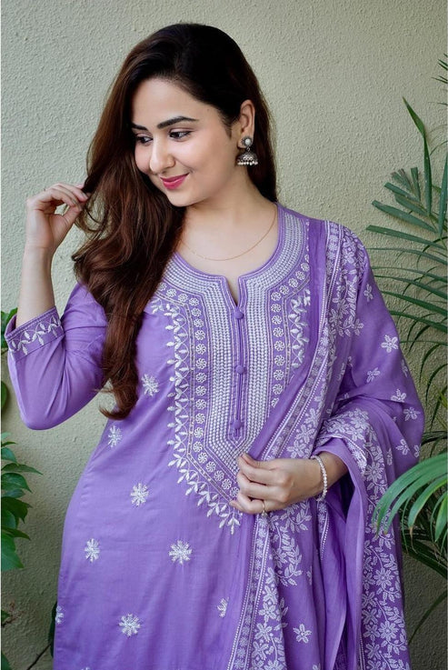 Lavender Handblock Print Cotton Kurta Set with Embroidery & Matching Dupatta