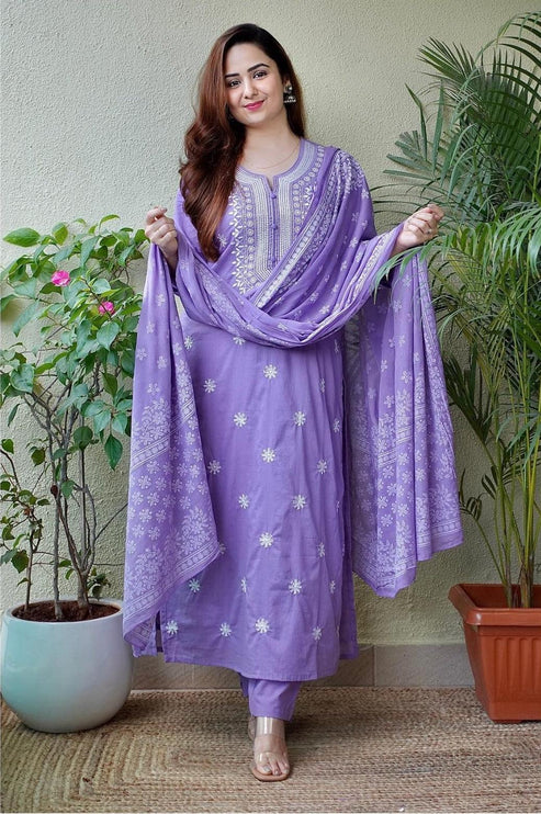 Lavender Handblock Print Cotton Kurta Set with Embroidery & Matching Dupatta