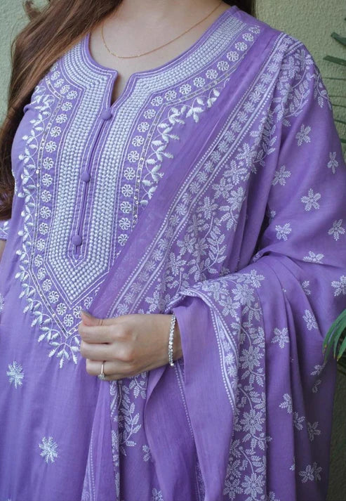 Lavender Handblock Print Cotton Kurta Set with Embroidery & Matching Dupatta