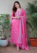 Pink Cotton Embroidered Kurta Set with Printed Dupatta & Trousers – 3 Piece Suit