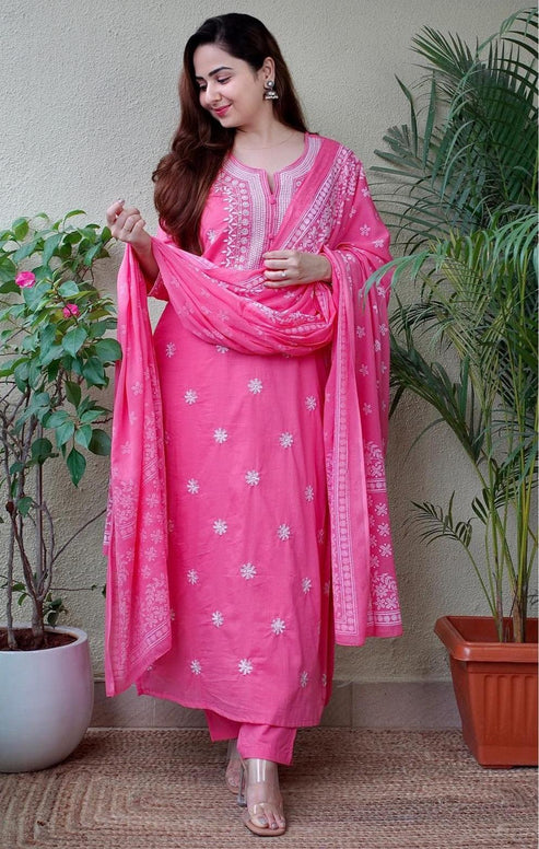 Pink Cotton Embroidered Kurta Set with Printed Dupatta & Trousers – 3 Piece Suit
