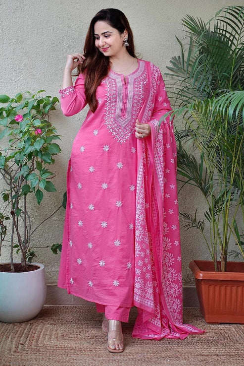 Pink Cotton Embroidered Kurta Set with Printed Dupatta & Trousers – 3 Piece Suit