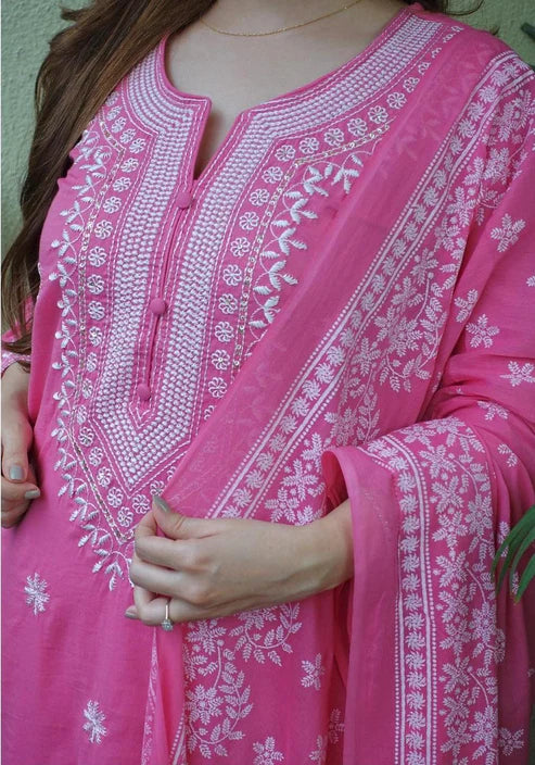 Pink Cotton Embroidered Kurta Set with Printed Dupatta & Trousers – 3 Piece Suit
