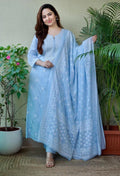 Sky Blue Cotton Embroidered Kurta Set with Printed Dupatta & Trousers – 3 Piece Suit