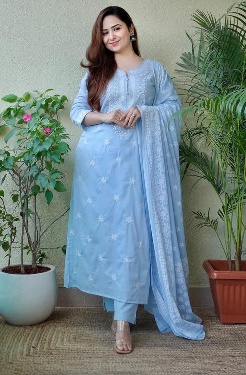 Sky Blue Cotton Embroidered Kurta Set with Printed Dupatta & Trousers – 3 Piece Suit