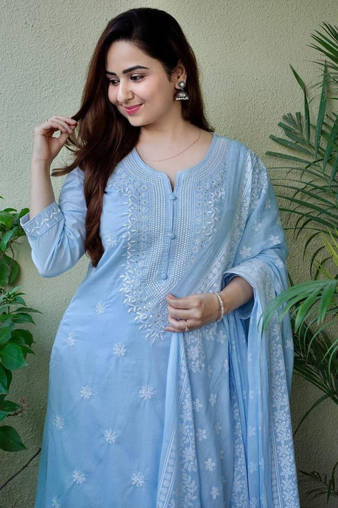 Sky Blue Cotton Embroidered Kurta Set with Printed Dupatta & Trousers – 3 Piece Suit