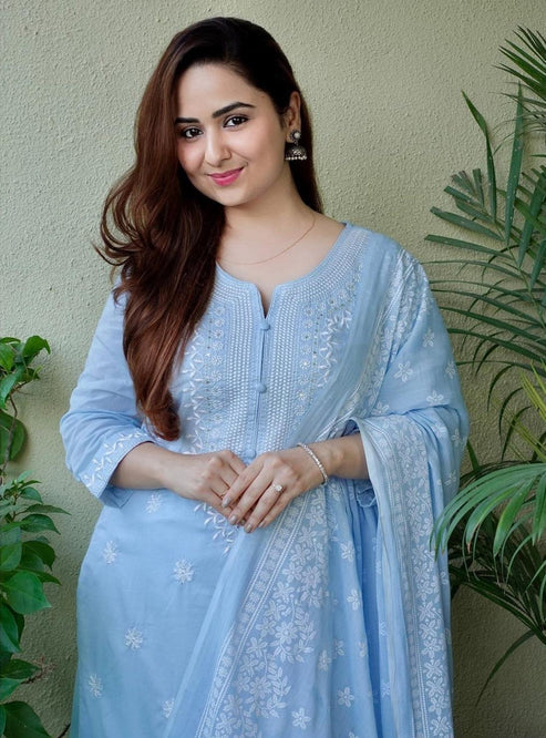 Sky Blue Cotton Embroidered Kurta Set with Printed Dupatta & Trousers – 3 Piece Suit