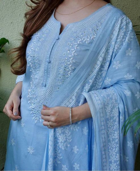 Sky Blue Cotton Embroidered Kurta Set with Printed Dupatta & Trousers – 3 Piece Suit