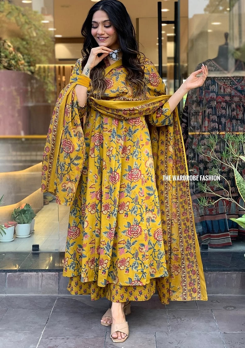 Mustard Yellow Floral Printed Anarkali Suit with Dupatta