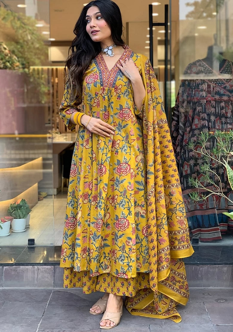 Mustard Yellow Floral Printed Anarkali Suit with Dupatta