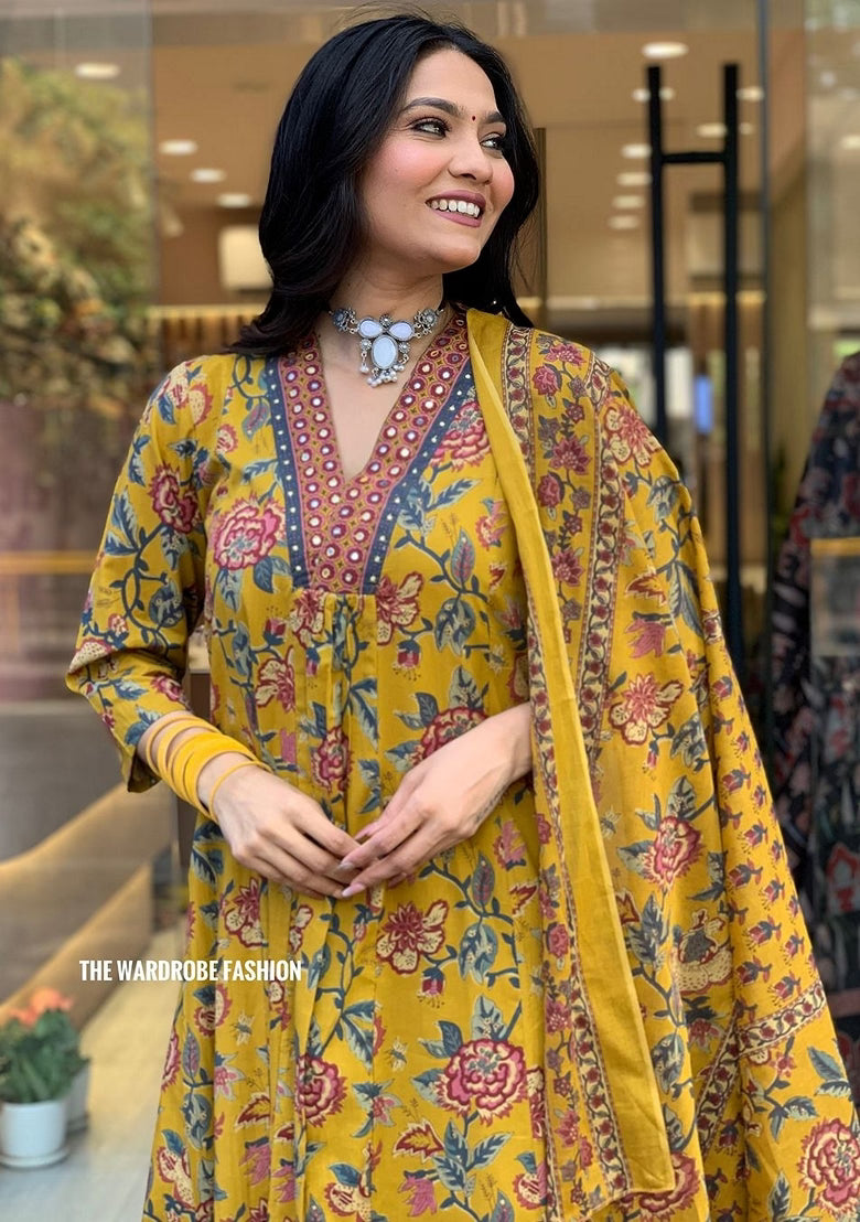 Mustard Yellow Floral Printed Anarkali Suit with Dupatta