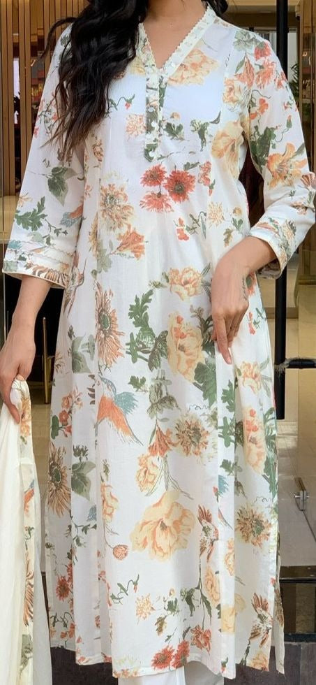 Women’s White Floral Straight Kurta Set – Ethnic Wear