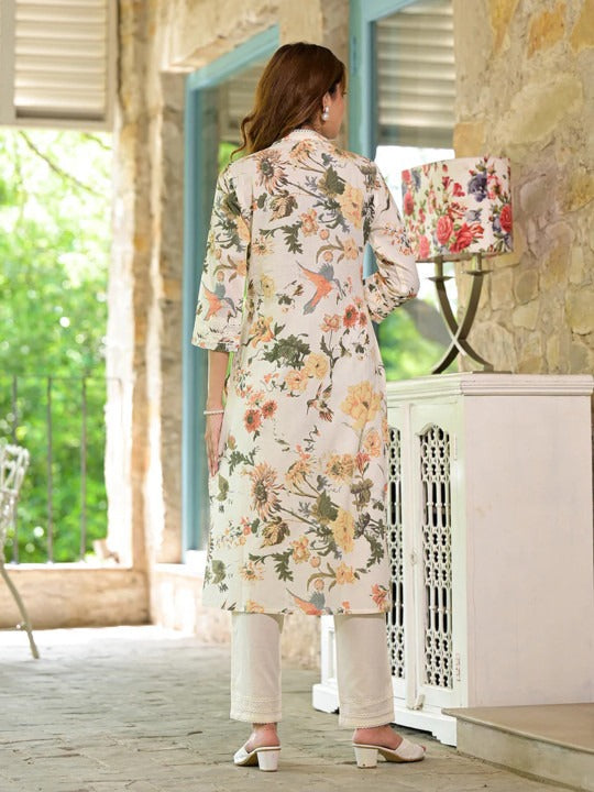 Women’s White Floral Straight Kurta Set – Ethnic Wear