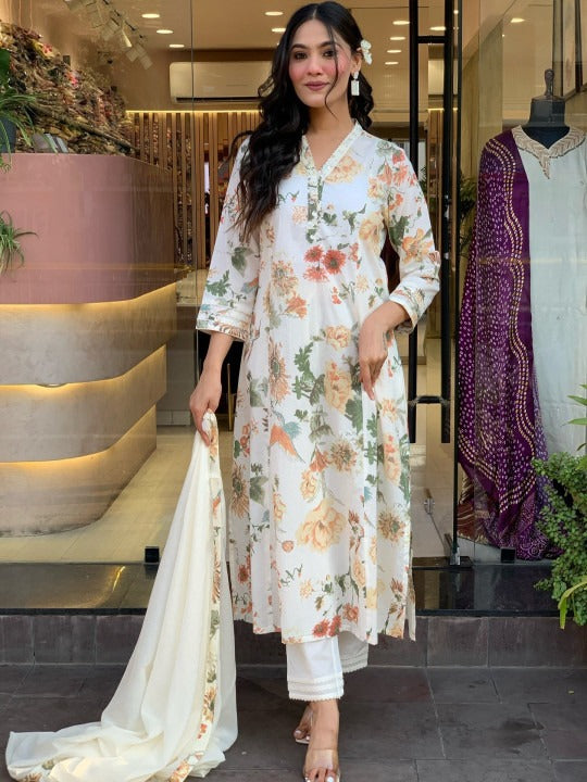 Women’s White Floral Straight Kurta Set – Ethnic Wear