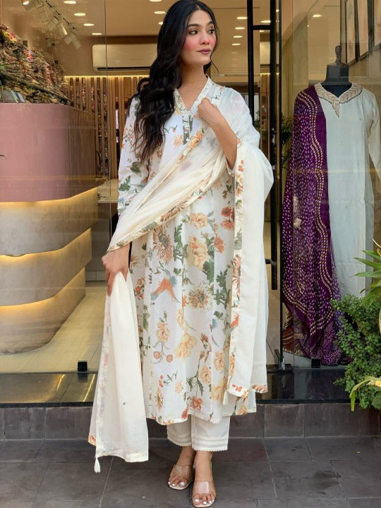 Women’s White Floral Straight Kurta Set – Ethnic Wear
