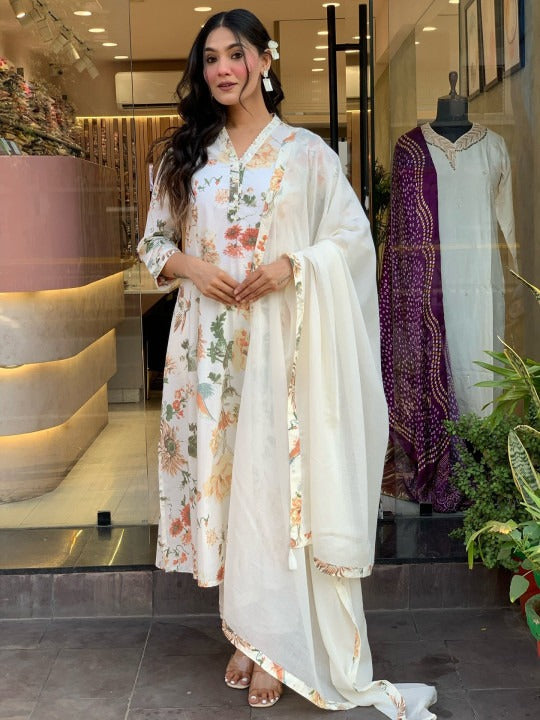 Women’s White Floral Straight Kurta Set – Ethnic Wear