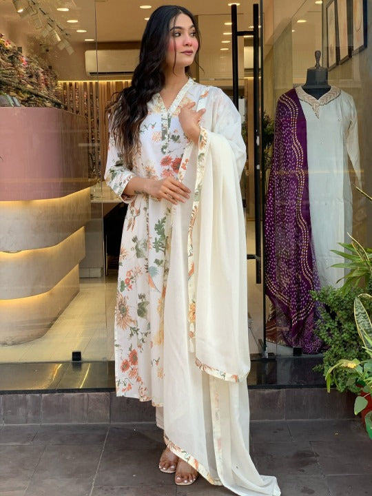 Women’s White Floral Straight Kurta Set – Ethnic Wear