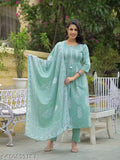 Premium Cotton Ethnic 3-Piece Suit with White Thread Work and Floral Block Print Dupatta