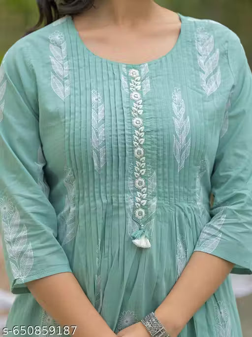 Premium Cotton Ethnic 3-Piece Suit with White Thread Work and Floral Block Print Dupatta