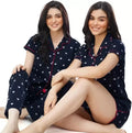 Women’s Navy Heart Print Pajama Set – Short Sleeve Notch Collar Top with Pants & Shorts Options – Soft Cotton Sleepwear Loungewear
