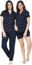 Women’s Navy Heart Print Pajama Set – Short Sleeve Notch Collar Top with Pants & Shorts Options – Soft Cotton Sleepwear Loungewear