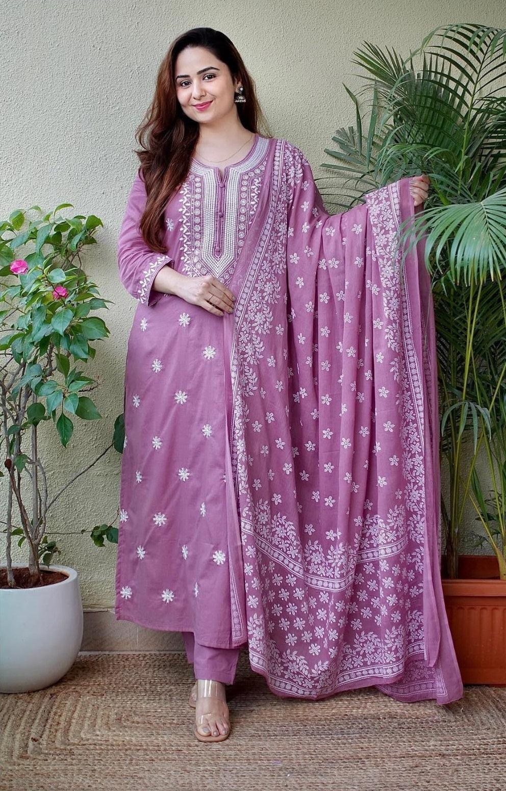 Mauve Cotton Embroidered Kurta Set with Printed Dupatta and Trousers – 3 Piece Suit