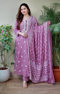Mauve Cotton Embroidered Kurta Set with Printed Dupatta and Trousers – 3 Piece Suit