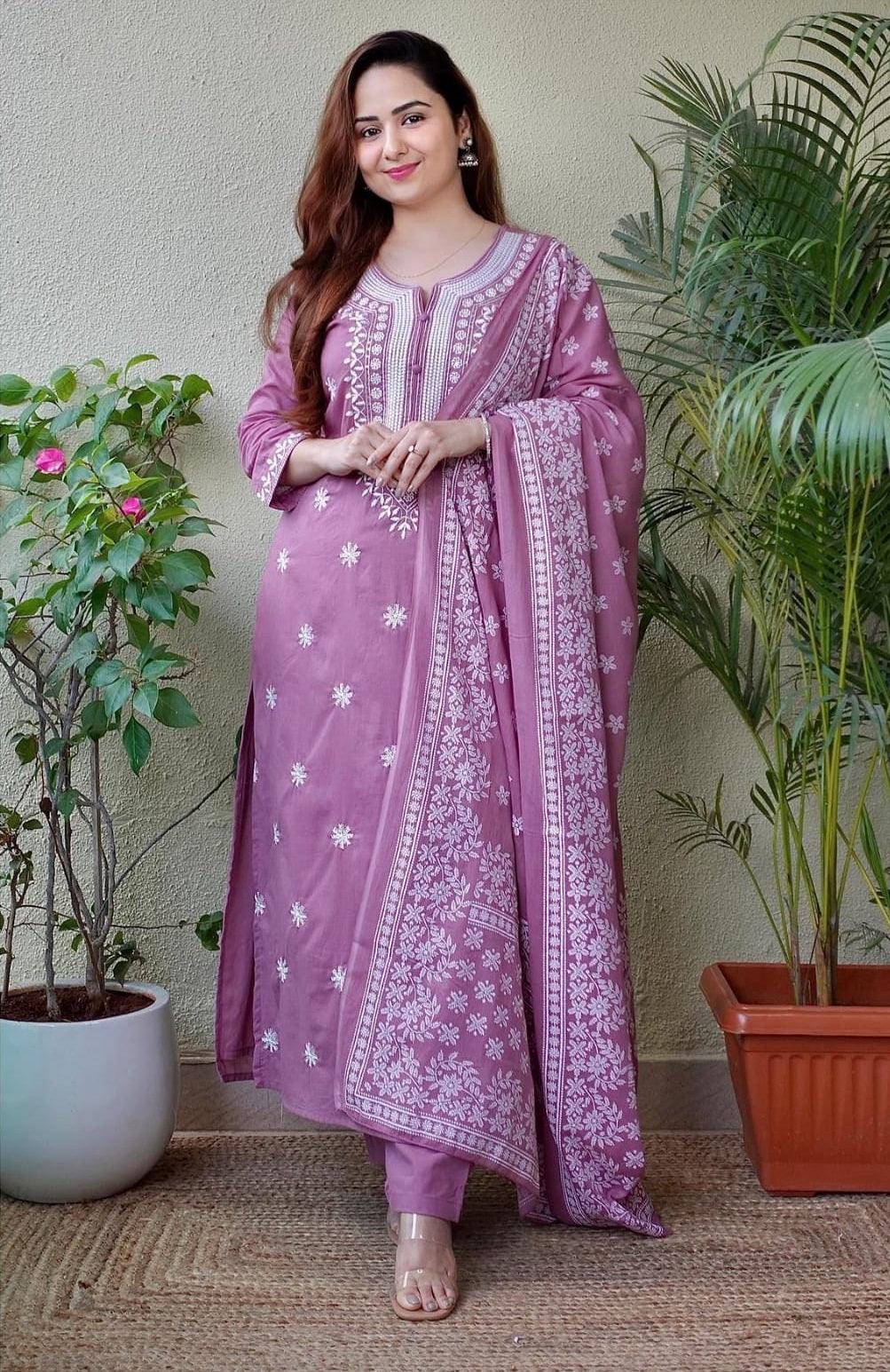 Mauve Cotton Embroidered Kurta Set with Printed Dupatta and Trousers – 3 Piece Suit