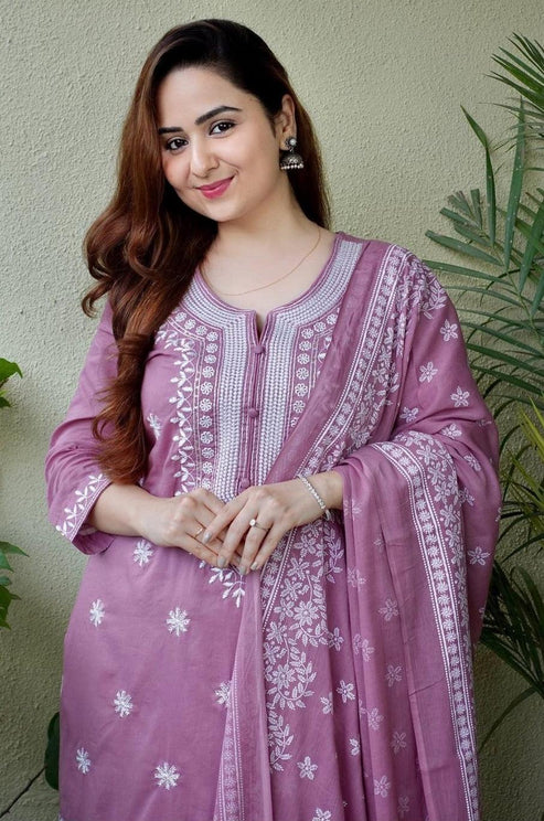 Mauve Cotton Embroidered Kurta Set with Printed Dupatta and Trousers – 3 Piece Suit