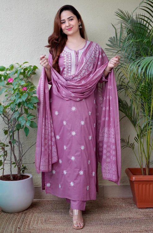 Mauve Cotton Embroidered Kurta Set with Printed Dupatta and Trousers – 3 Piece Suit