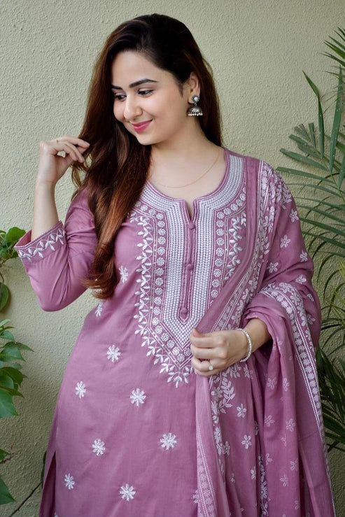 Mauve Cotton Embroidered Kurta Set with Printed Dupatta and Trousers – 3 Piece Suit