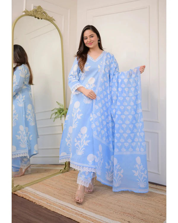 Floral Print Cotton V-Neck Kurta Set with Lace Borders & Matching Dupatta – 3 Piece Suit