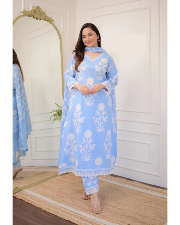 Floral Print Cotton V-Neck Kurta Set with Lace Borders & Matching Dupatta – 3 Piece Suit